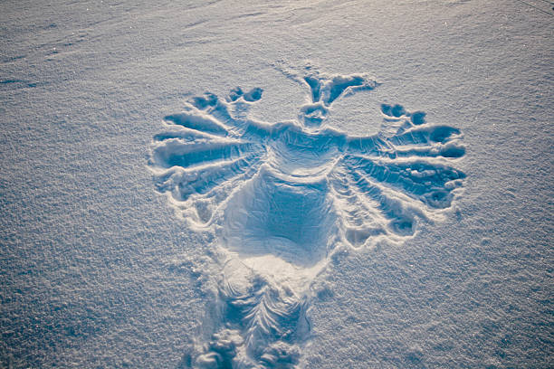 Happy winter lifestyle. Man in a yellow jacket makes a butterfly in the snow