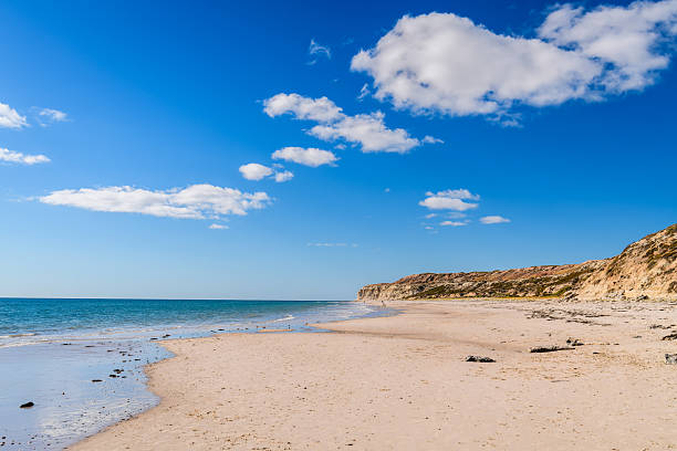 istock Port Willunga Beach view on a bright day with blue sky and fluffy clouds 2249726748