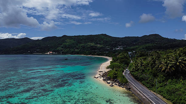 istock Untouched Island Paradise: Dense Tropical Jungle and Palm Trees Meeting a Pristine Sandy Shoreline 2249730384