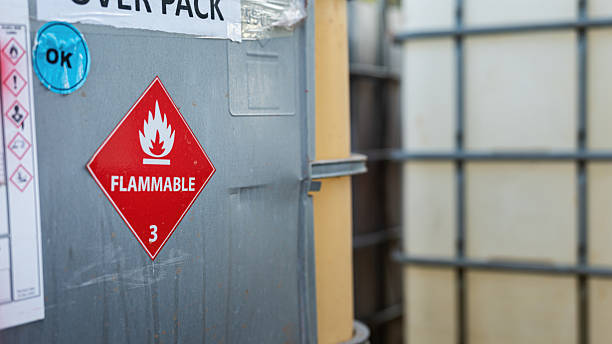 istock Flammable liquid warning sign on the chemical containment. 2249733353