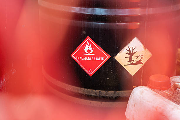 istock Flammable liquid warning sign on the chemical containment. 2249733354