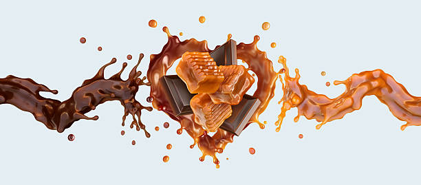 Dynamic splash of milk chocolate and caramel liquid forms a heart shape, symbolizing love and indulgence. High-resolution 3D render for sweet food and beverage branding, advertising, and packaging design. Confectionery, dessert marketing, retail candy store display decoration, Valentine's Day visual
