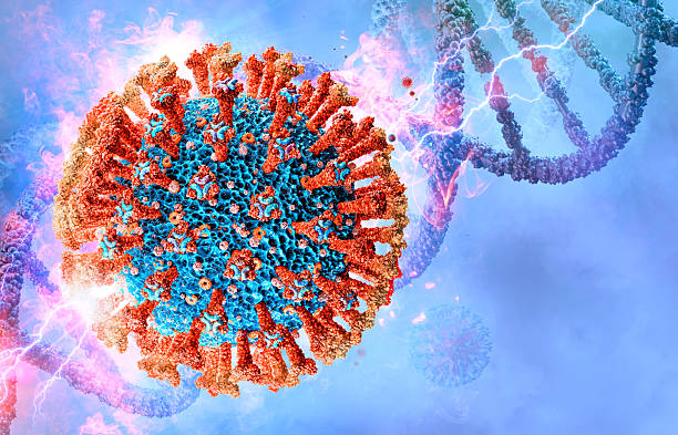 istock 3D model of a virus with protein spikes, set against a DNA strand backdrop. 2249734828