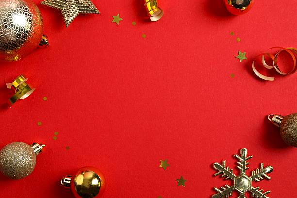 istock Red festive Christmas background with golden decoration, copy space composition 2249735211