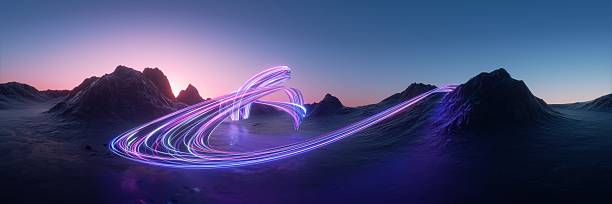 istock 3d render. Surreal fantasy landscape under the sunset sky. Abstract panoramic background. Rocky mountains and glowing neon dynamic lines in motion. 2249735792