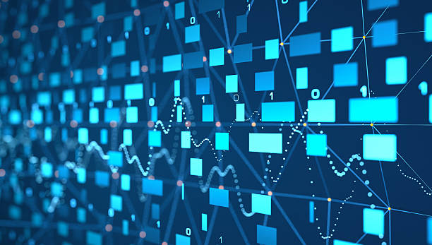 Close up abstract data processing, blockchain system, big data, binary code, encryption. stock photo