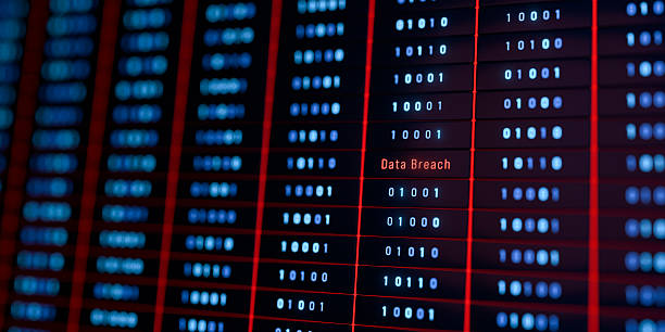 Data breach warning sign, datacenter, data processing, cyber attack, binary code, supercomputer, big data. stock photo