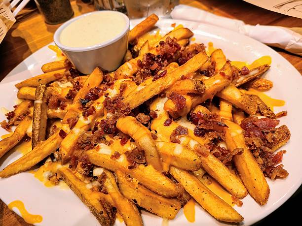 istock Golden Crispy Loaded Fries with Cheese and Bacon, Eye-Level View 2249736758