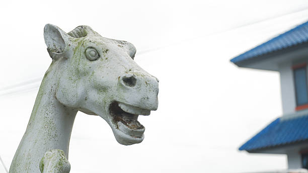 Close-up image of an aged white horse statue with visible moss, cracks, and weathered texture. The sculpture captures a dynamic pose with raised legs and expressive facial details