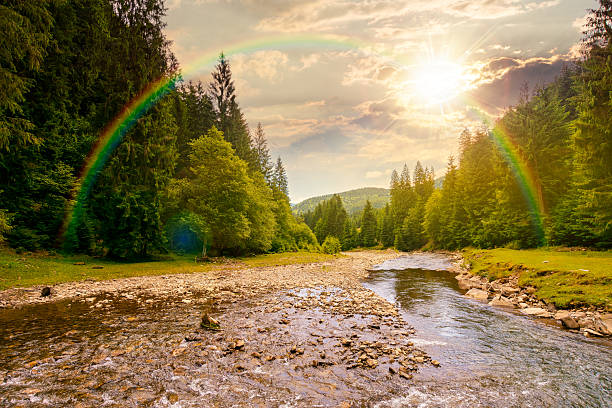 landscape with mountains, forest and a river in front at sunset. beautiful scenery in summer in evening light. water flowing through ecology and sustainability storytelling image under the rainbow