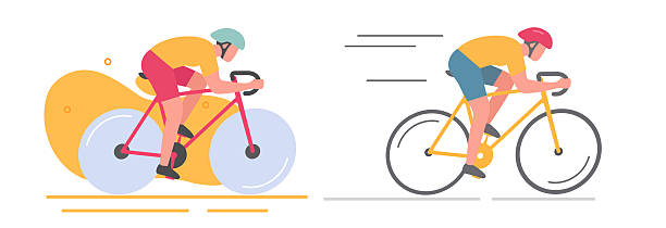 istock Cyclist on bike isolated icon vector modern graphic design illustration set, sport race bicycle with man rider moving fast speed flat cartoon minimal style on white and yellow background, wheelmen image 2249737776