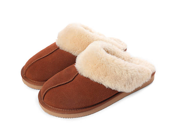 istock Pair of soft slippers with fur isolated on white 2249740488
