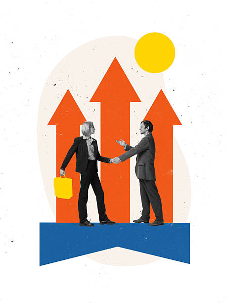 istock Two business partners shaking hands under upward arrows symbolizing growth and ambition 2249740507
