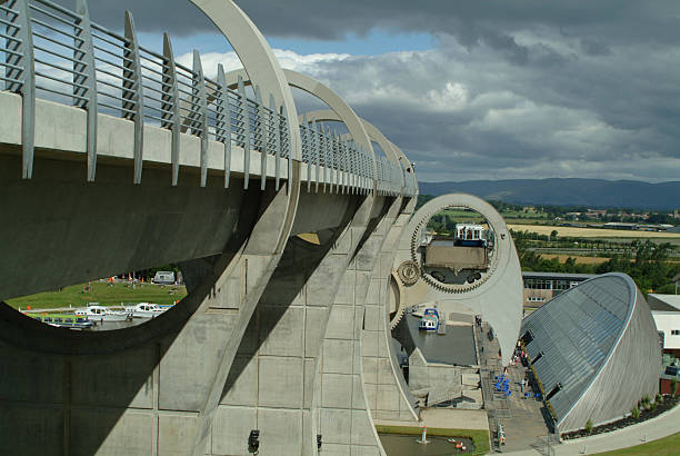 Falkirk Wheel , Falkirk, Central Scotland- showing wheel in full operation with boats or barges loaded into each side of the wheel. High Quality Photograph.