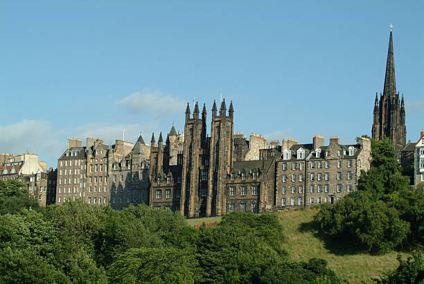 Historic architecture in Edinburgh, showcasing classic buildings with domed roofs and spires against a pastel sky.