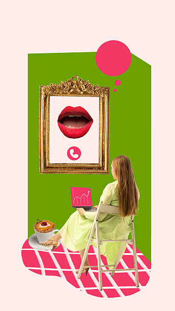 Contemporary collage. Woman having video call with digital lips on framed screen while working on laptop