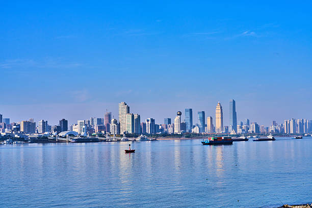 Wuhan city skyline with skyscrapers and Yangtze River