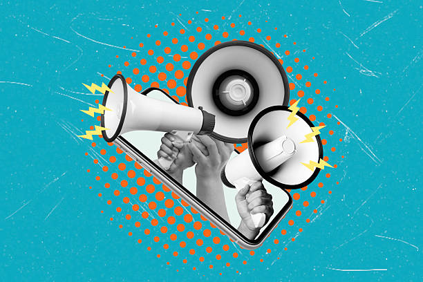istock Vibrant collage featuring hands holding megaphones with bright colors and graphic elements for communication and expression 2249753846