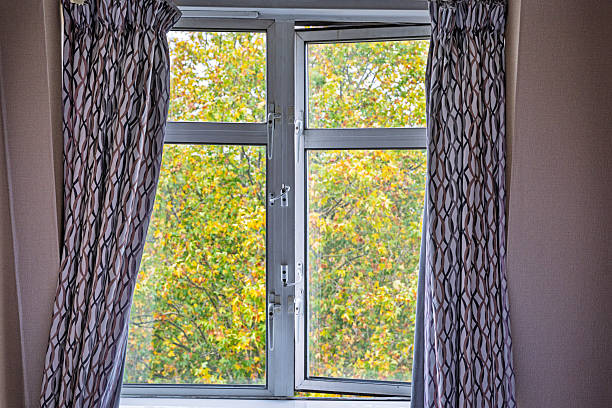 3d window view. Beautiful view of nature from the window. autumn landscape.