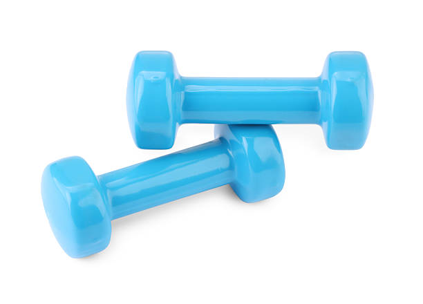 istock Light blue dumbbells isolated on white. Sports equipment 2249766378