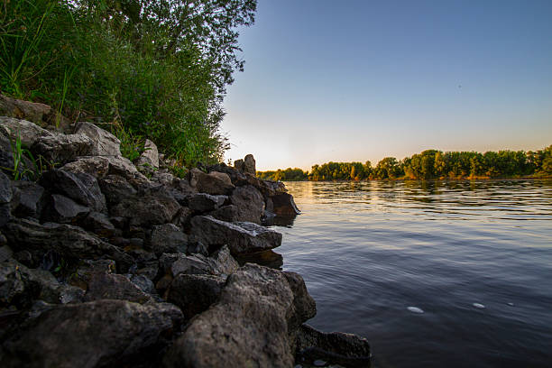 The West Morava River near the town of Cacak in Serbia, in the early evening in spring.