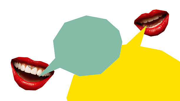 istock Colorful artwork. Two red smiling mouths with colorful speech bubbles symbolizing friendly conversation 2249767728