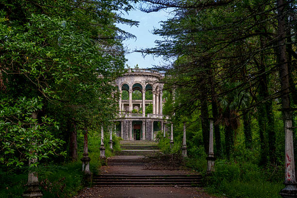 Overgrown trees flank a grand stairway leading to a derelict arched pavilion deep in the park.