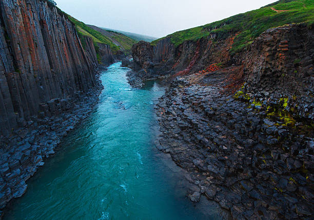 Awesome basalt Studlagil Canyon in Iceland. Aerial view