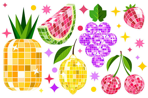 Set of fruits, berries with mirrored disco ball texture. Vector trendy illustration of watermelon, pineapple, cherry, lemon, strawberry, grape. Design for party, summer poster, nightlife music event