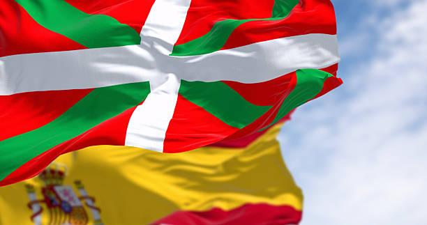 istock Basque Country and Spanish flags waving in the wind 2249785244