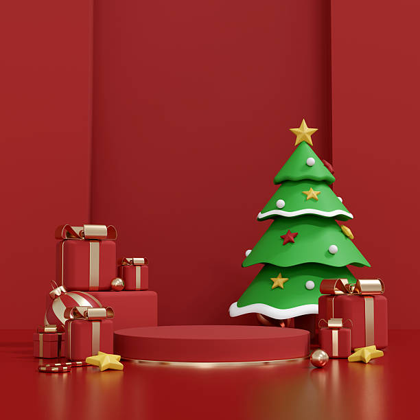 istock 3d render of red podium with christmas tree and gift boxes for product display 2249785821