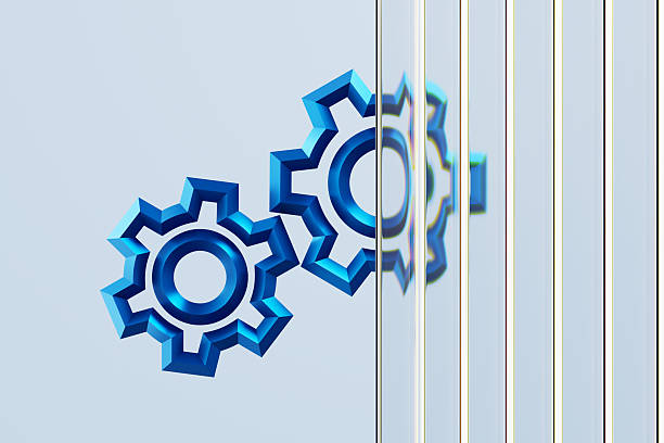 Blue gears peek through diagonal glass strips, creating an abstract tech scene that suggests machinery, engineering, and innovation. Ideal for engineering, manufacturing, automation, and digital transformation themes.