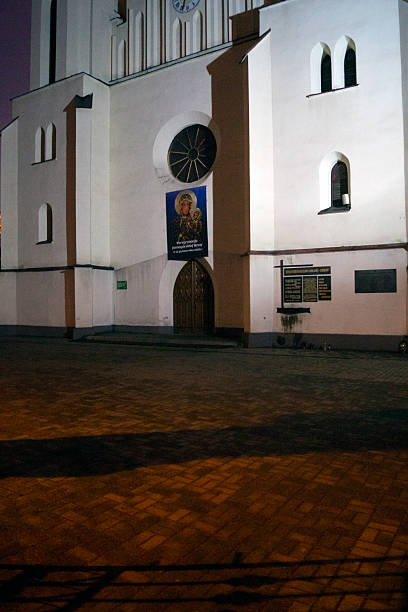 The historic neo-Gothic Church of St. Joachim in Sosnowiec's Zagórze district. Night view of the illuminated building.