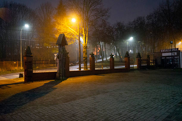 The historic neo-Gothic Church of St. Joachim in Sosnowiec's Zagórze district. Night view of the illuminated building.