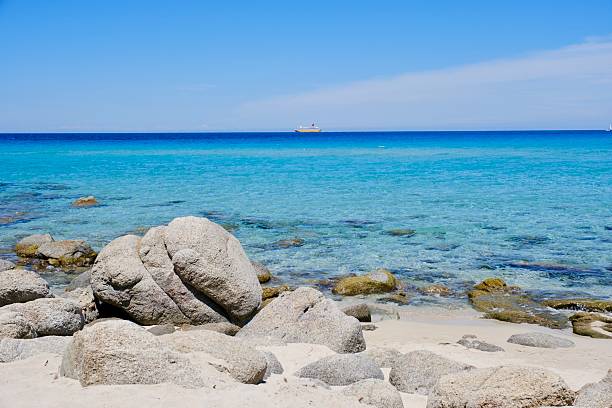 Clear turquoise waters gently lap against a sandy beach, extending to a blue horizon. The beach is pristine and inviting, with no people or structures in sight. The calm sea and clear sky create a serene and picturesque coastal scene. Shot taken on Sardinia.