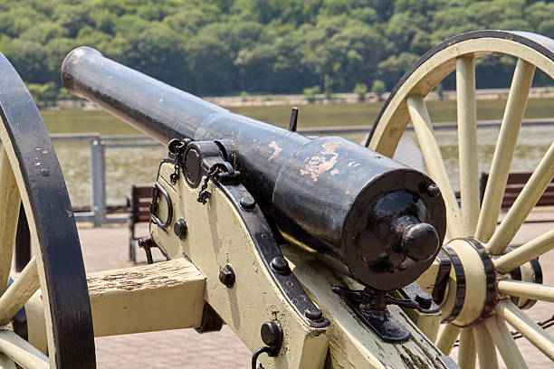 US Civil War cannons in a grassy field; camp in the background