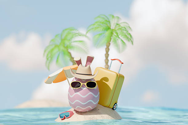 istock Easter egg with sunglasses and suitcase on a tropical island, celebrating easter holiday. 3d rendering 2249795384