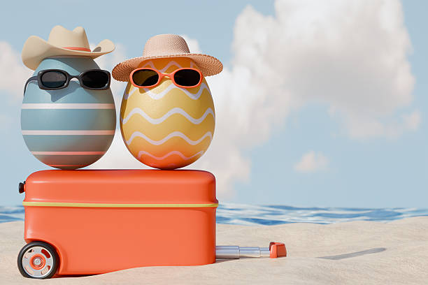 istock Easter eggs wearing hats and sunglasses on a suitcase at the beach during easter holiday. 3d rendering 2249795390