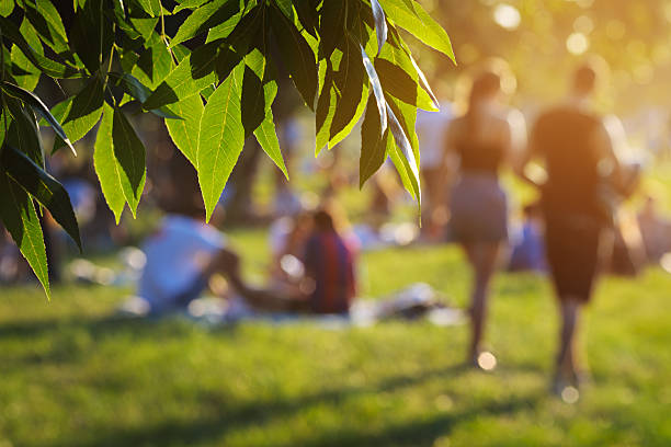 Sunlit bokeh framing blurred people enjoying a joyful afternoon in the park at sunset.