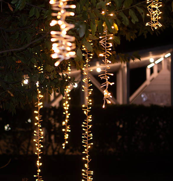 istock Vertical Christmas Lights Hanging on Trees at Night 2249822308