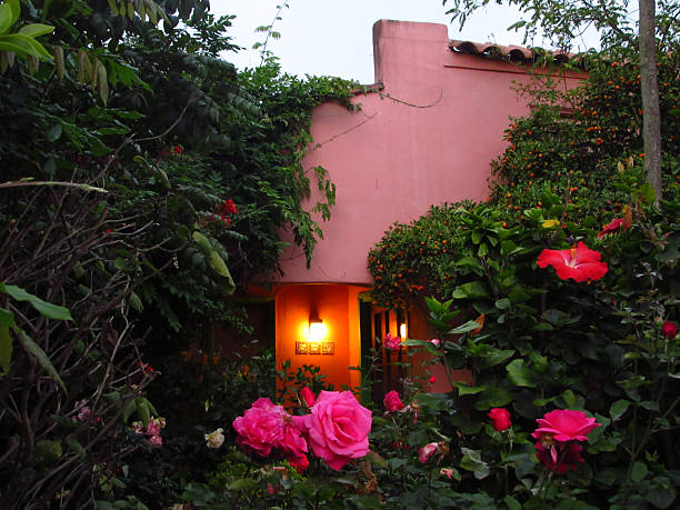 Pink House with Pink Flowers at Dusk