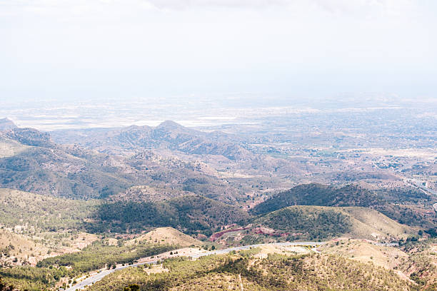 Expansive desert mountain landscape with clear sky and distant city view.