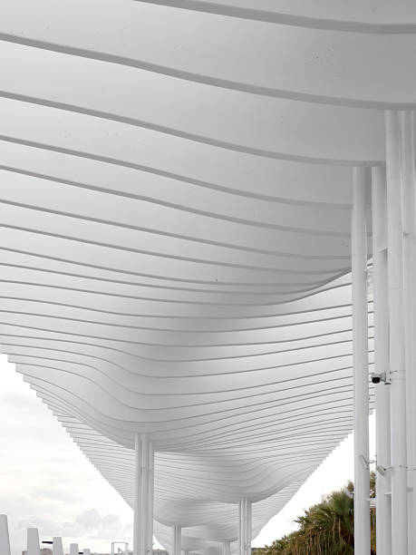 Malaga, Spain - October 12, 2021: Modern architecture, detail of the pergola on the seafront in Malaga, Spain, The pergola, inaugurated in 2011, is one of the great visual milestones of the 'Palmeral de las Sorpresas' project, located on the Málaga dock, designed by architects Jerónimo Junquera and Liliana Obal. This structure runs along the entire length of the pier, with a length of 450 meters and a total height of 11.75 meters. The variable geometry of the slats and their nine different models achieve a characteristic fluid effect.. Black and white image