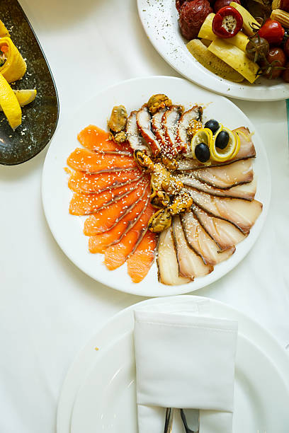 Delicious dish on the buffet table. Cold appetizers from the chef for the celebration