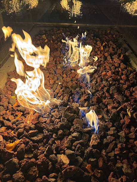 Gas fueled fire with lava rock