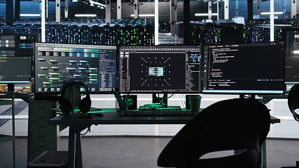istock Monitors in data center displaying node tree interfaces monitoring gear health 2249845574