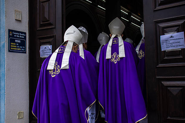 Marilia, SP, Brazil, December 02, 2025. Bishops and priests in purple robes, a color for Advent, Lent, and funerals in Catholicism, enter St. Benedict Cathedral. A scene of tradition and faith.