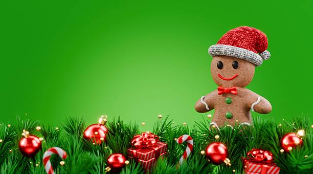 istock Christmas background frame decorated with Christmas tree and red balls Gingerbread man 3D 2249846858