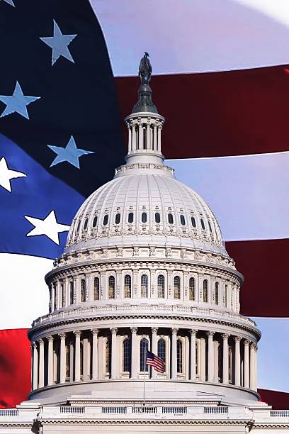 istock Close up of the US capitol dome with US flag backdrop 2249849181