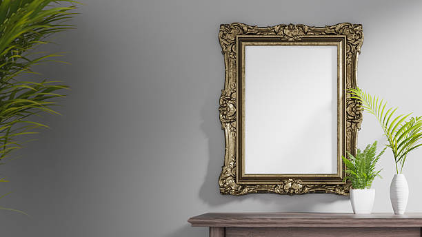 istock Vintage Gold Frame Mockup With Green Plants On Shelf Copy Space. 3d render 2249852939